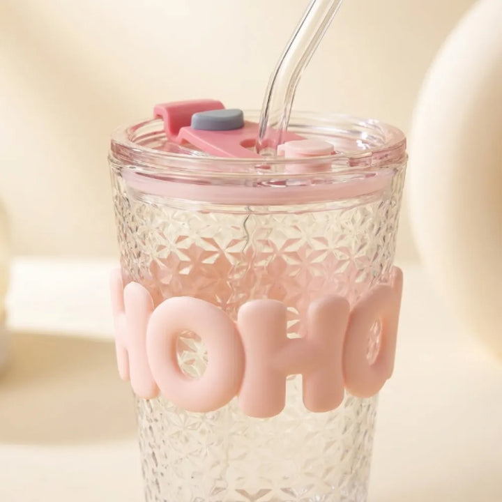 450ml HOHO Glass Cup with Lid & Straw | Glass Water Bottle with Silicone Sleeve | Iced Coffee & Cold Drinks Tumbler