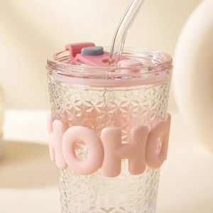 450ml HOHO Glass Cup with Lid & Straw | Glass Water Bottle with Silicone Sleeve | Iced Coffee & Cold Drinks Tumbler