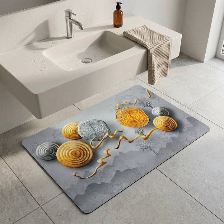 Zen Stone Wood Slice Bath Mat | Non Slip Absorbent Bathroom Rug Modern Spa Floor Mat