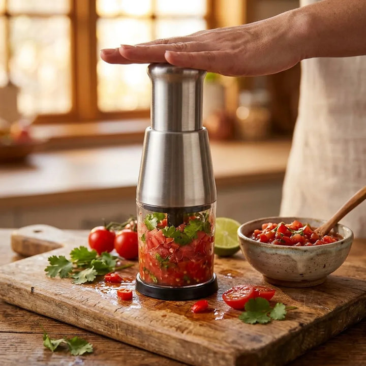 Manual Press Garlic Chopper | Stainless Steel Mini Food Chopper & Garlic Mincer | Compact Hand Press Vegetable Dicer