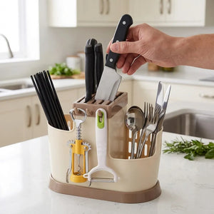 Multi-Functional Plastic Cutlery Holder with Drain Tray | Spoon, Knife, Chopsticks & Utensil Organizer Stand for Kitchen Counter