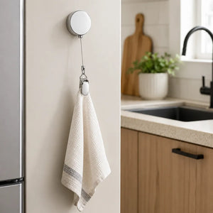 Stainless Steel Retractable Towel Holder Clips | No-Drill Self-Adhesive Wall Mounted Kitchen & Bathroom Towel Hanger Hooks