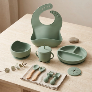 Silicone Baby Feeding Set | Complete Baby-Led Weaning Kit with Bib, Suction Bowl, Divided Plate, Cup, Spoon & Fork