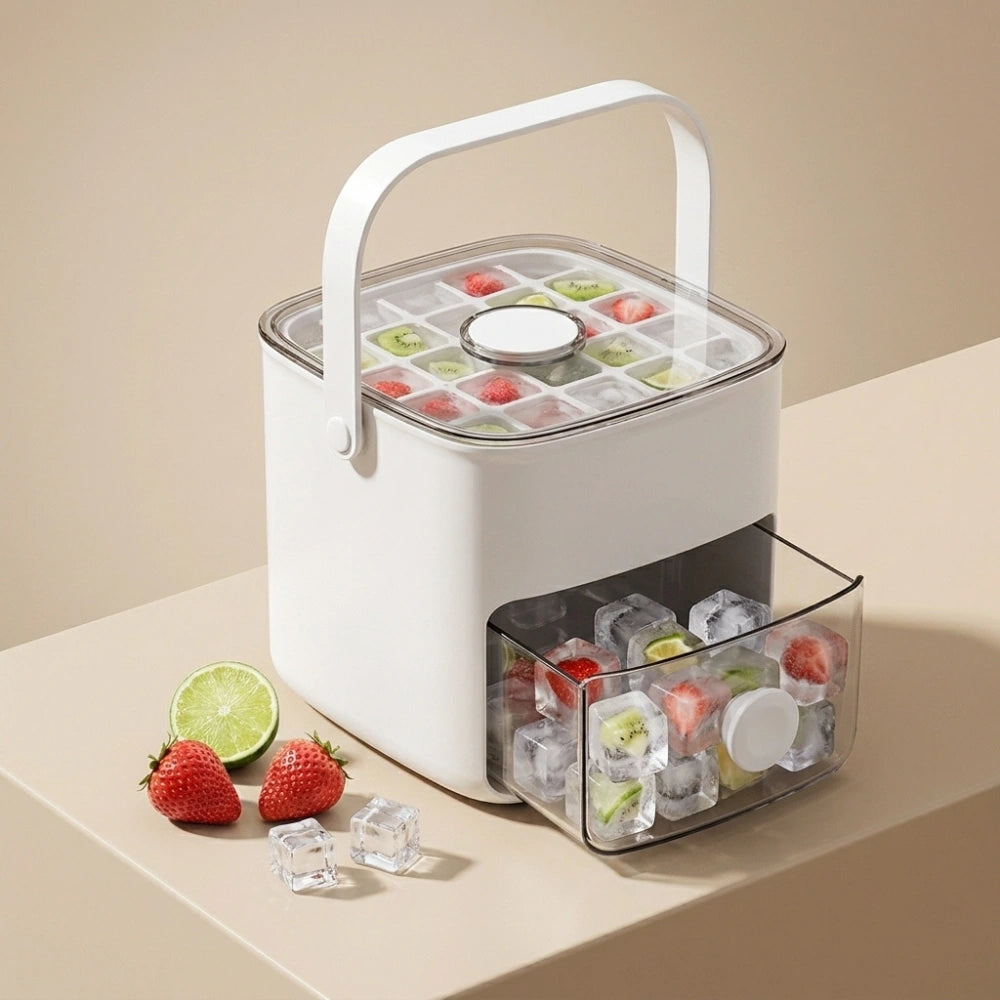 Double Layer Ice Cube Maker with Storage Box, BPA-Free Plastic, Push-Button Release, Transparent Drawer, Carry Handle