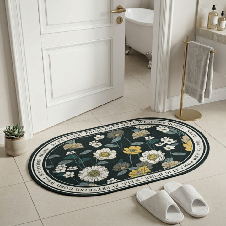 Floral Oval Bathroom Floor Mat Set | Soft Non-Slip Absorbent Bath Rug Modern Decorative Washable Door & Bathroom Mat