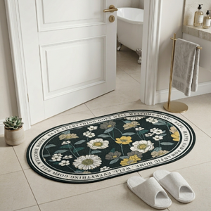 Floral Oval Bathroom Floor Mat Set | Soft Non-Slip Absorbent Bath Rug Modern Decorative Washable Door & Bathroom Mat