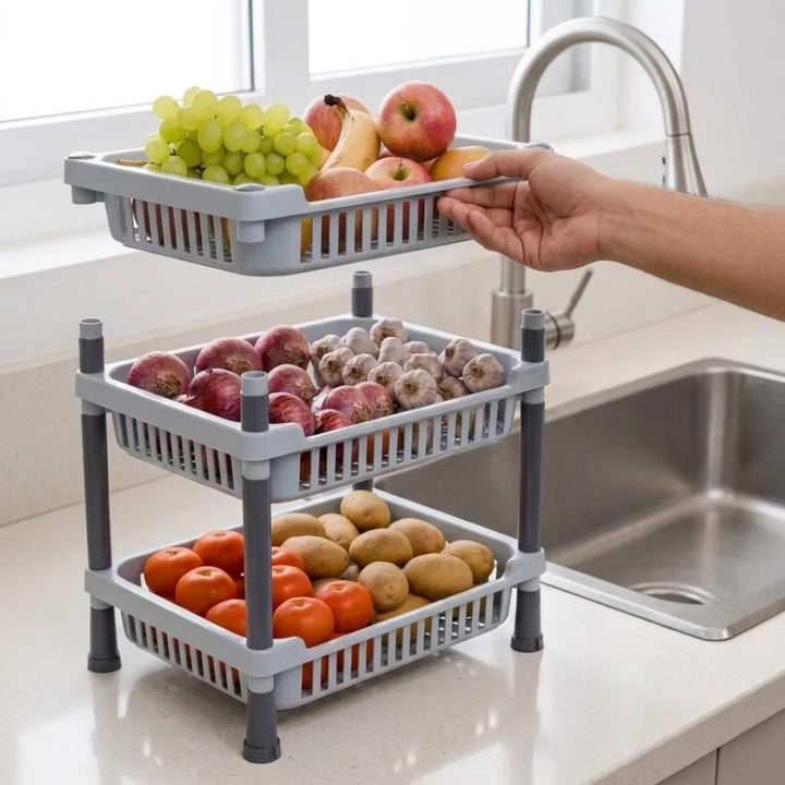 3-Layer Plastic Kitchen Storage Basket Rack | Multipurpose Tiered Organizer for Vegetables, Fruits, Snacks & Grocery Storage
