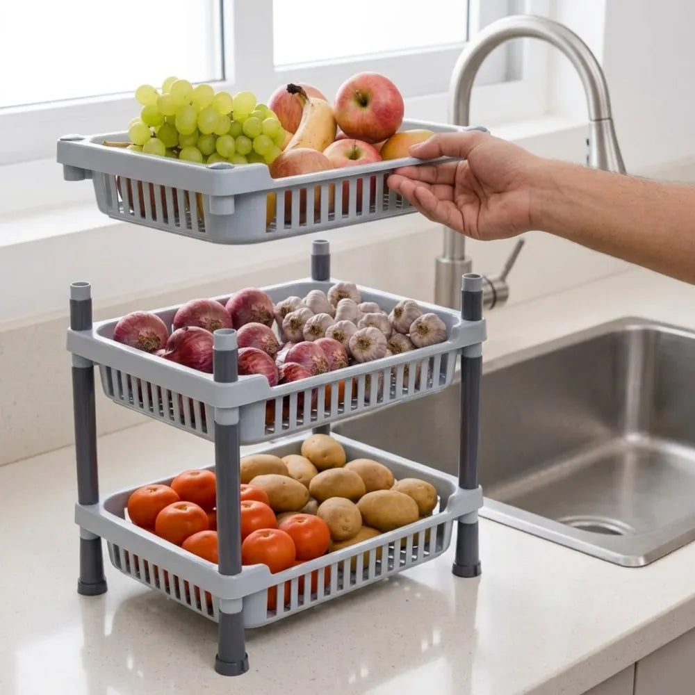 3-Layer Plastic Kitchen Storage Basket Rack | Multipurpose Tiered Organizer for Vegetables, Fruits, Snacks & Grocery Storage