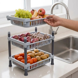 3-Layer Plastic Kitchen Storage Basket Rack | Multipurpose Tiered Organizer for Vegetables, Fruits, Snacks & Grocery Storage