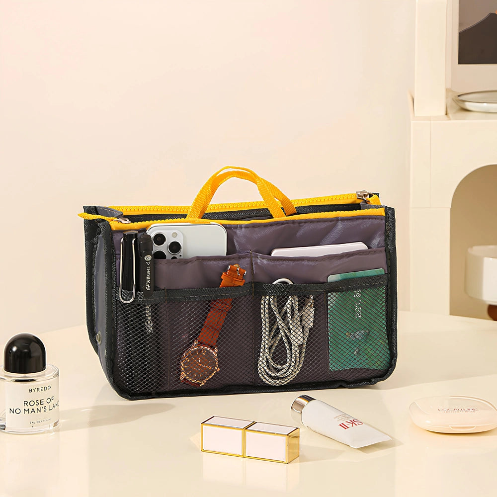 Multi-Pocket Handbag Organizer Insert with Double Zipper | Portable Makeup, Phone & Travel Storage Pouch for Women & Men