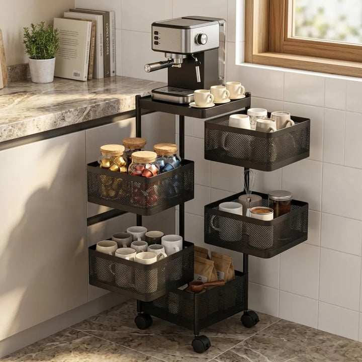 5-Layer Square Multipurpose Storage Trolley with Wheels | Rotating Organizer for Home & Office