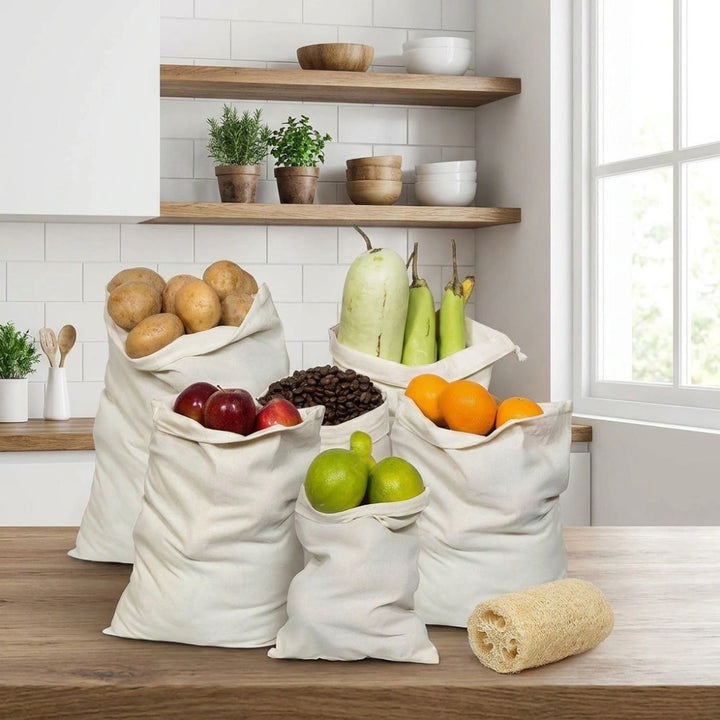 6 PCS Cotton Muslin Storage Bags – Reusable Drawstring Fruit & Vegetable Bags