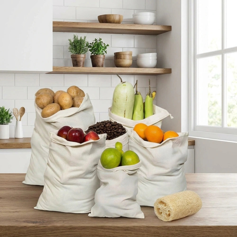 6 PCS Cotton Muslin Storage Bags – Reusable Drawstring Fruit & Vegetable Bags