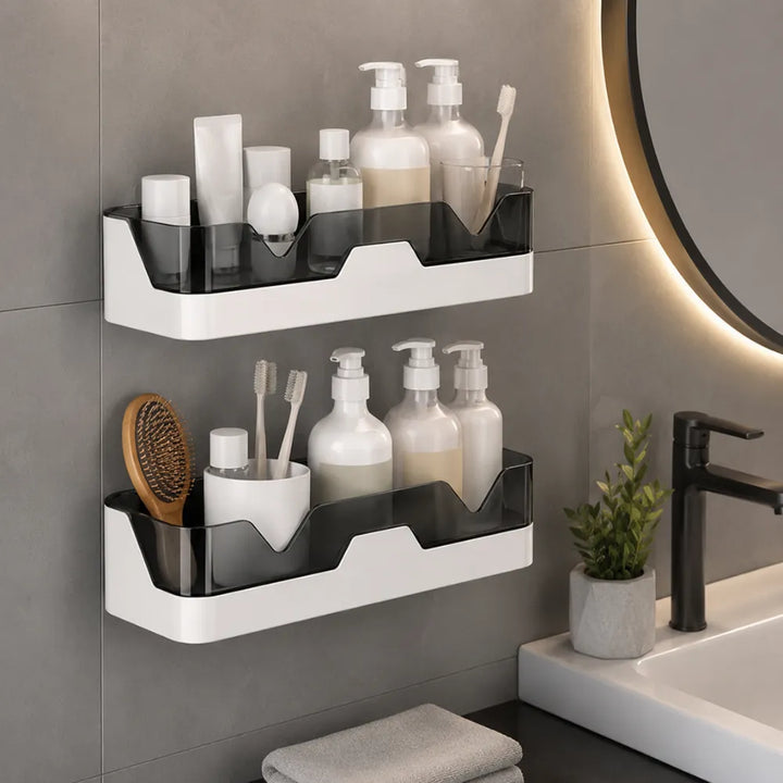 Self-Adhesive Dual-Layer Bathroom Wall Rack | No-Drill Plastic Wall Mounted Storage Organizer for Toiletries & Bathroom Accessories