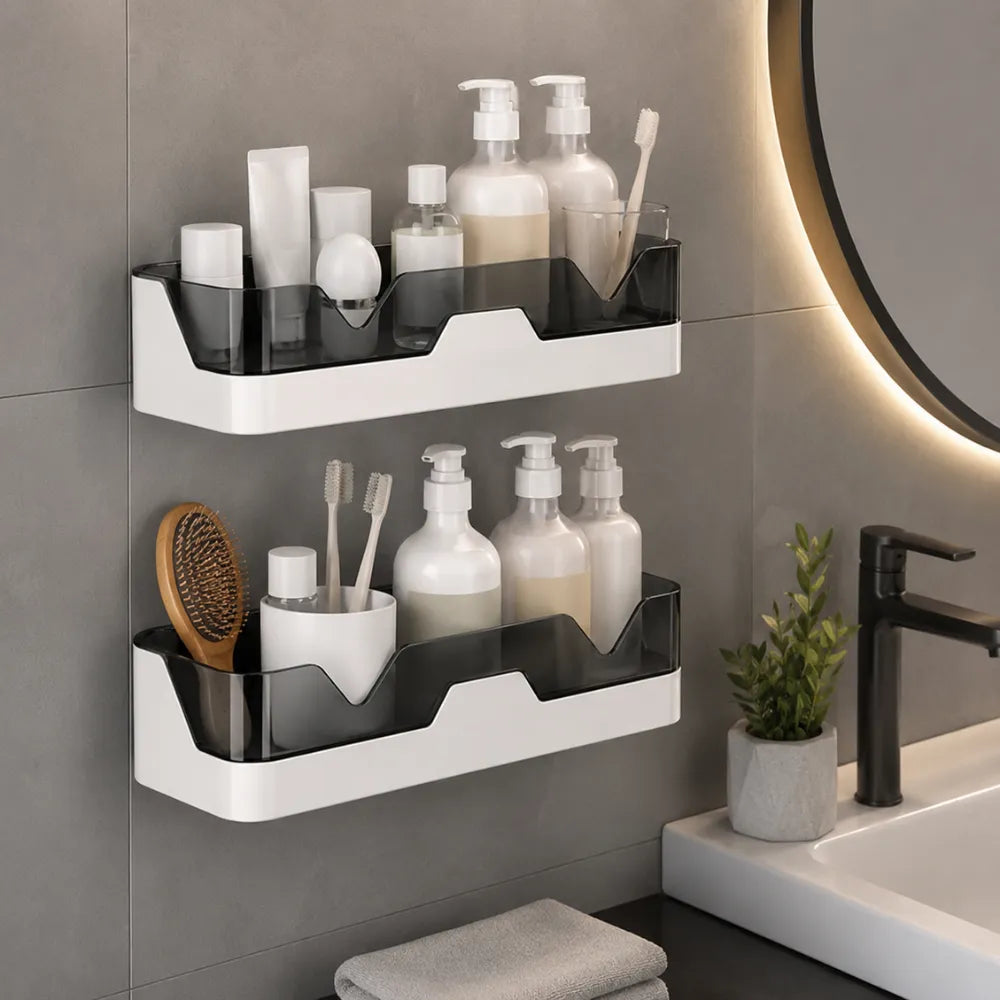 Self-Adhesive Dual-Layer Bathroom Wall Rack | No-Drill Plastic Wall Mounted Storage Organizer for Toiletries & Bathroom Accessories