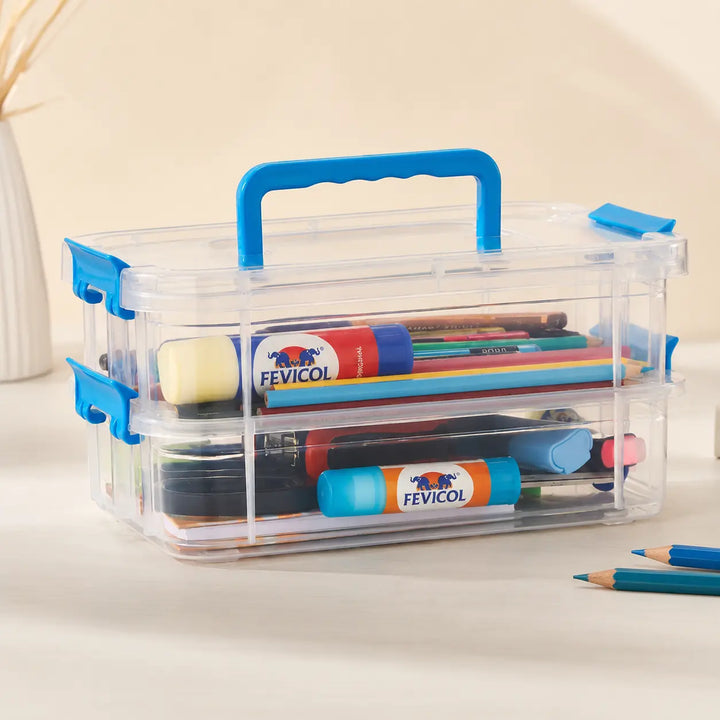 2 Layer Clear Plastic Storage Box with Lid & Handle | Portable Stackable Organizer for Stationery, Crafts, Sewing & Art Supplies