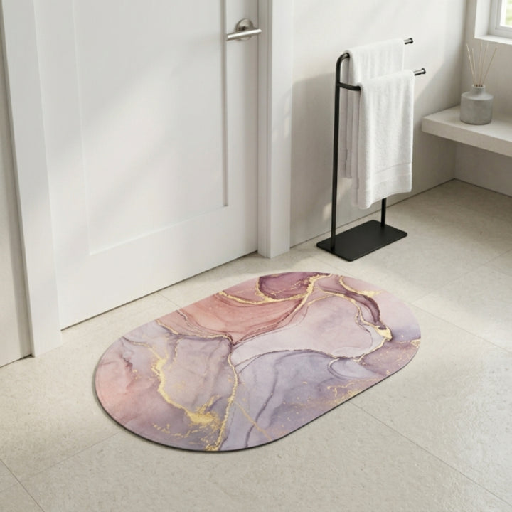 Luxury Marble Oval Anti-Slip Bath Mat | Soft Absorbent Quick Dry Bathroom Floor Rug Modern Watercolor Stone Pattern Carpet