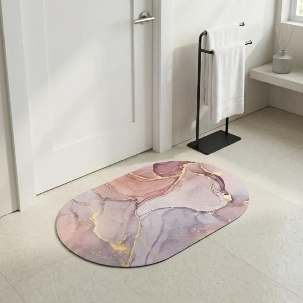 Luxury Marble Oval Anti-Slip Bath Mat | Soft Absorbent Quick Dry Bathroom Floor Rug Modern Watercolor Stone Pattern Carpet