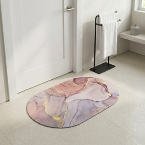 Luxury Marble Oval Anti-Slip Bath Mat | Soft Absorbent Quick Dry Bathroom Floor Rug Modern Watercolor Stone Pattern Carpet