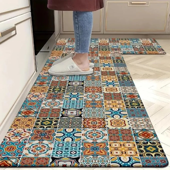 2-Piece Colorful Moroccan Mosaic Kitchen Mat Set | Boho Tile Patchwork Non-Slip Anti-Fatigue Washable Runner Rugs for Kitchen & Hallway