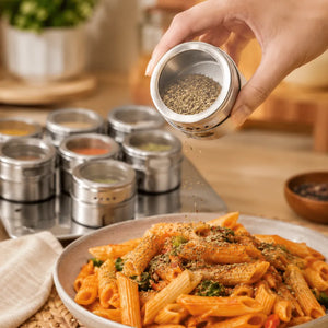 9PCS Stainless Steel Magnetic Spice Jar Set with Rack | Masala Storage Containers for Salt, Pepper & Seasonings