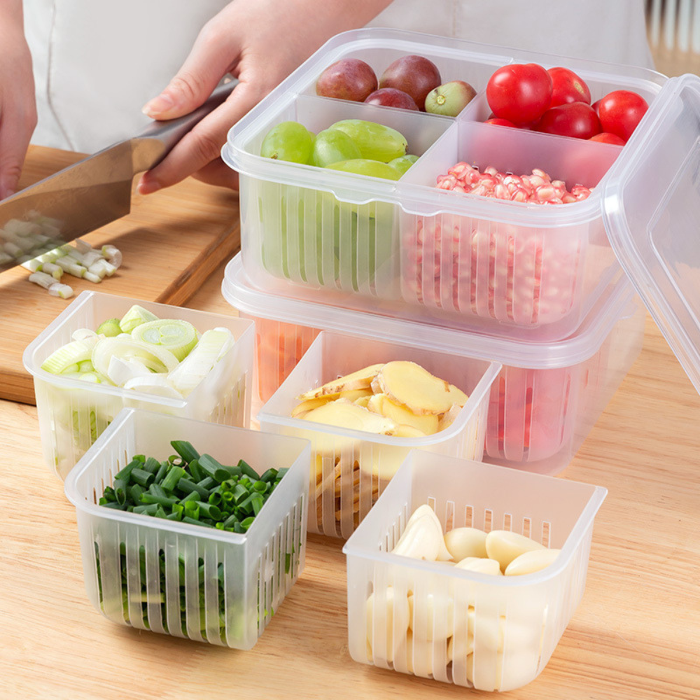 4 Grid Fridge Organizer Box | Polypropylene Vegetable Storage Container for Garlic, Ginger, Coriander Leaves, Green Chili Diced...