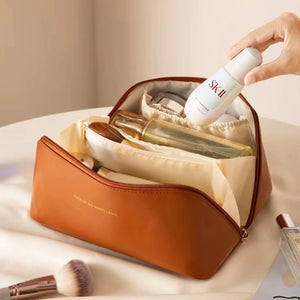 Leather Makeup Travel Bag | Cross Open Cosmetic Organizer with Handle & Divider, Spacious Storage for Beauty Essentials