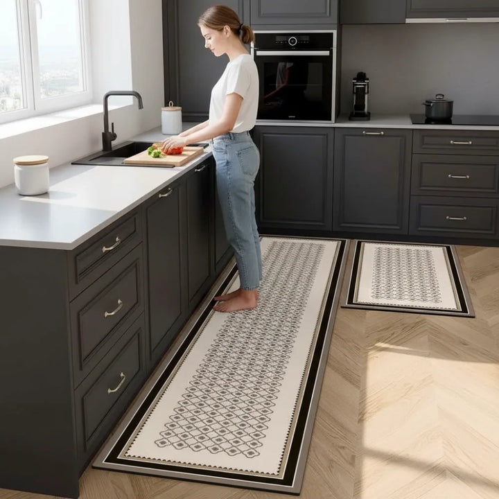 2-Piece Black & White Geometric Kitchen Mat Set | Non-Slip Anti-Fatigue Washable Runner Rugs with Elegant Tile Pattern for Kitchen & Hallway