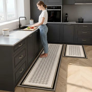 2-Piece Black & White Geometric Kitchen Mat Set | Non-Slip Anti-Fatigue Washable Runner Rugs with Elegant Tile Pattern for Kitchen & Hallway
