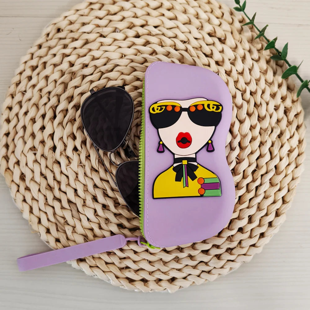 Cute Silicone Sunglasses Case with Zipper & Wrist Strap | Waterproof Soft Eyeglass Pouch with Cleaning Cloth for Travel & Daily Use