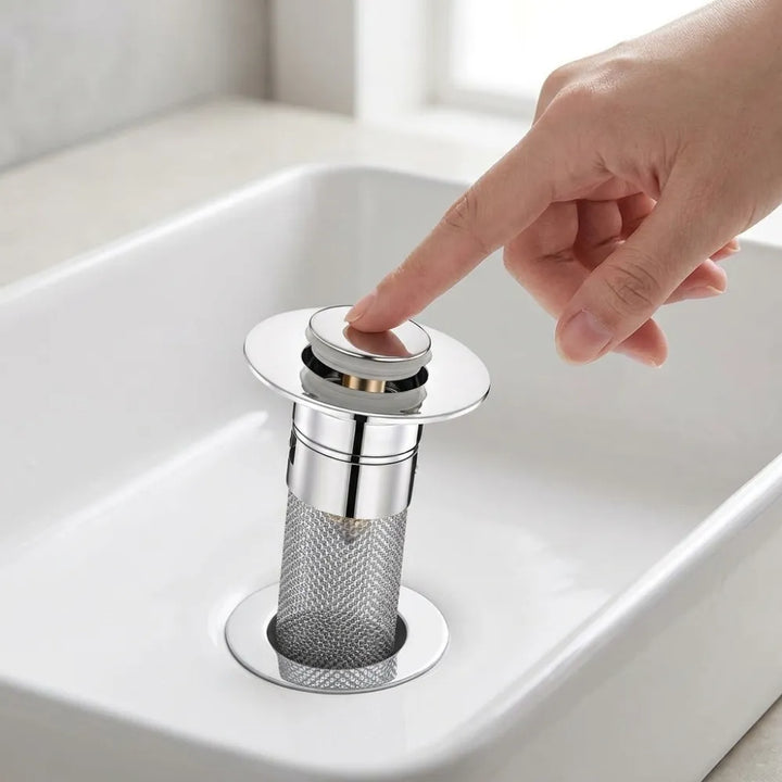Stainless Steel Push Button Sink Strainer & Drain Stopper | Rustproof Wash Basin Filter for Kitchen, Bathroom & Utility Sinks