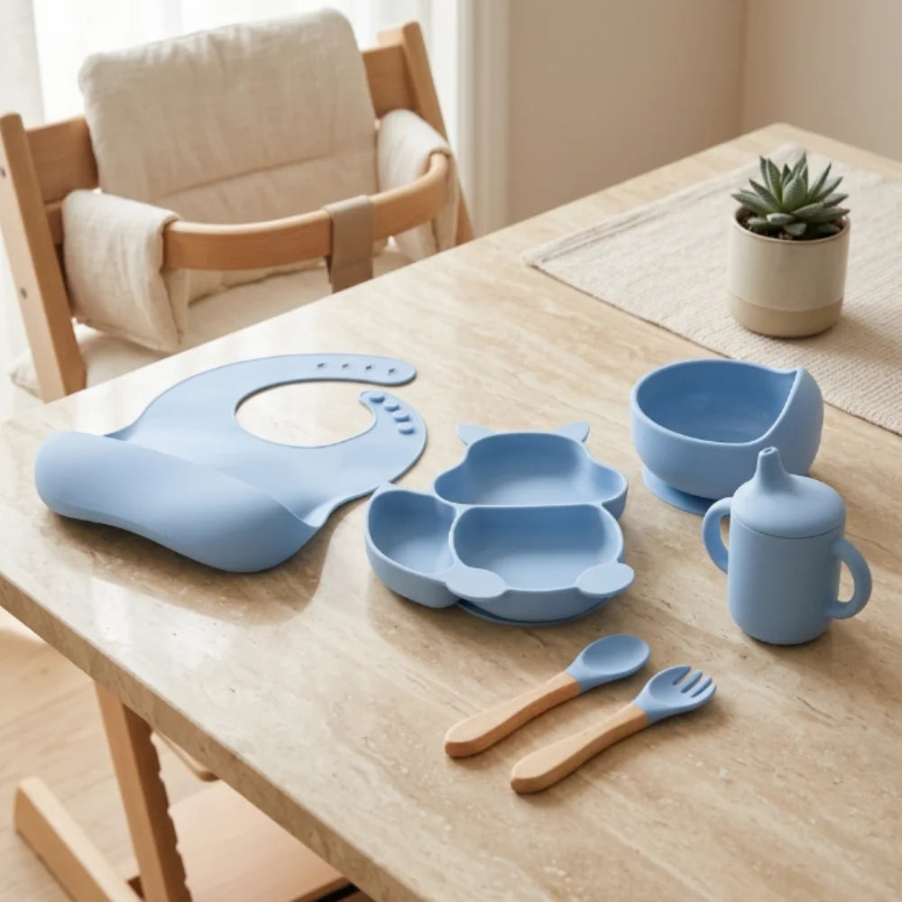 Cat Shaped Silicone Baby Feeding Set | 6 Piece BPA-Free Baby-Led Weaning Kit with Bib, Suction Bowl, Plate, Cup, Spoon & Fork