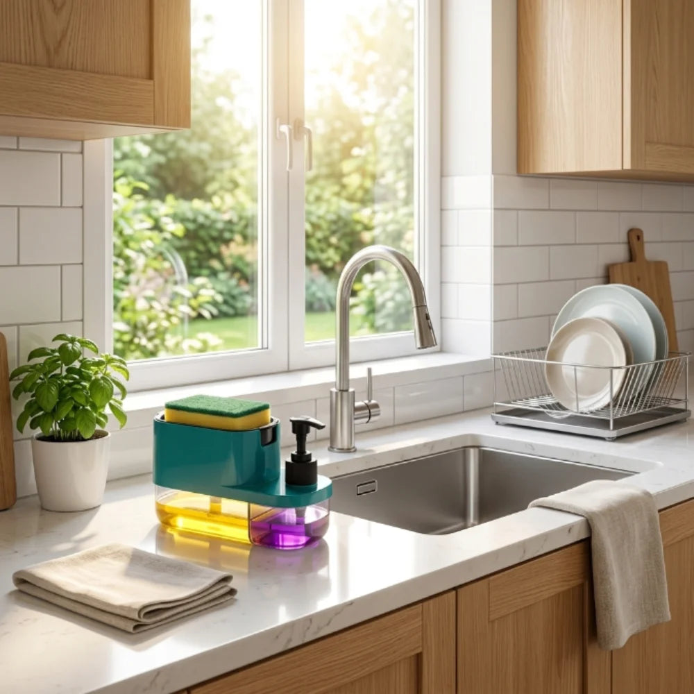 3 in 1 Liquid Soap Dispenser with Sponge Holder | Pump Soap Dispenser for Kitchen & Bathroom