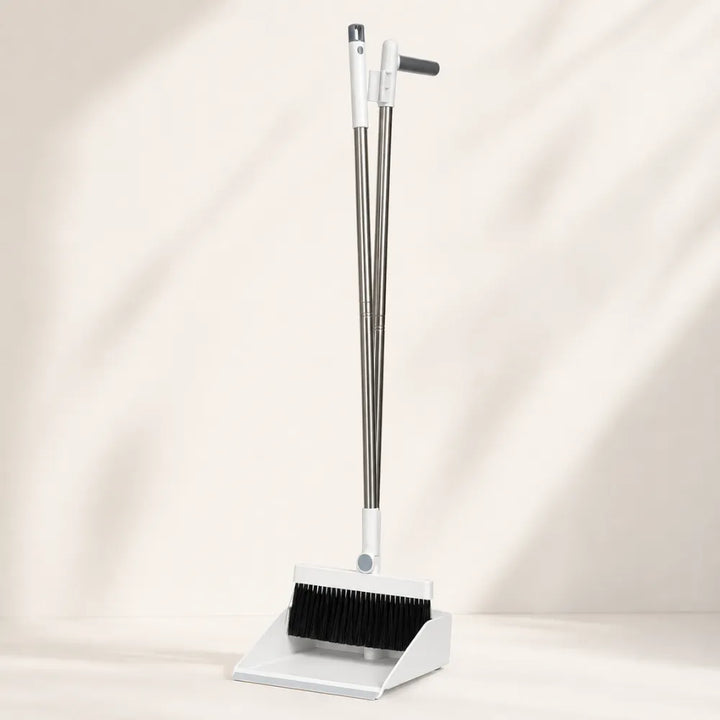 Long Handle Broom & Dustpan Combo Set | Upright Standing Sweep Set with Self-Cleaning Scraper | Home, Office & Floor Cleaning