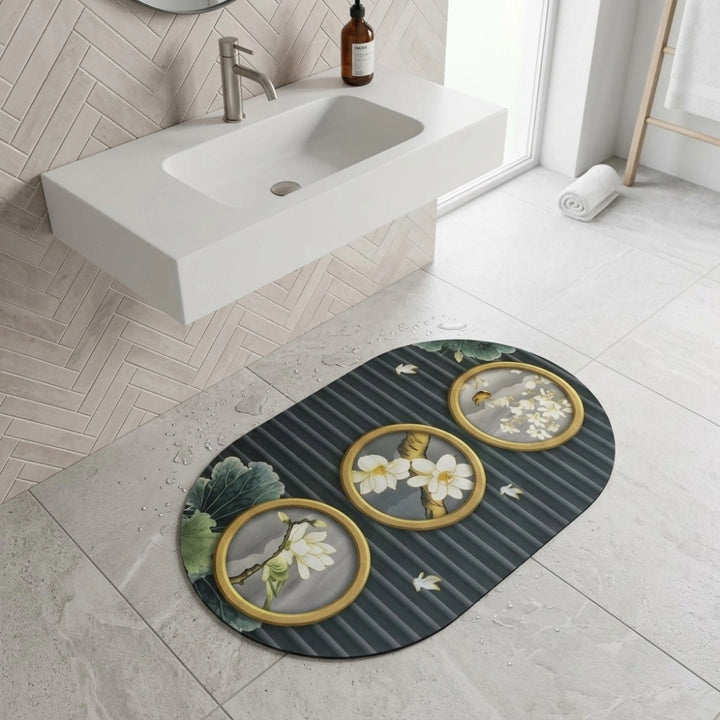 Magnolia Blossom Oval Bath Mat | Soft Quick Dry Anti-Slip Absorbent Floor Rug for Bathroom Entrance & Bedroom