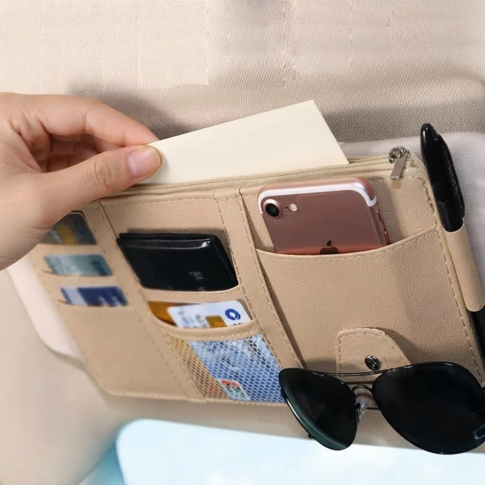 PU Leather Car Sun Visor Organizer | Multi-Pocket Storage | Glasses & Phone Holder