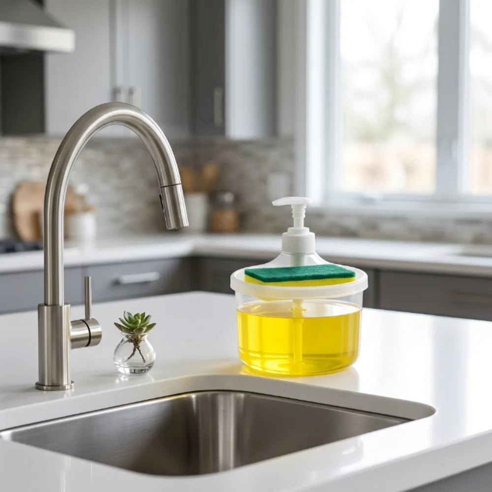 Press Type Liquid Soap Dispenser with Sponge Holder | Refillable Dishwashing Pump Container