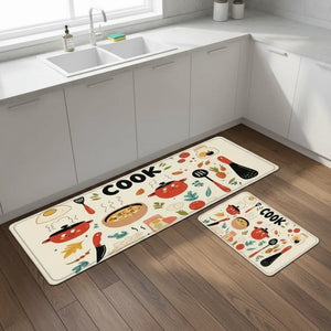 2-Piece “Cook” Kitchen Mat Set | Waterproof Non-Slip Anti-Fatigue Cushioned Rugs for Kitchen Floor & Standing Comfort