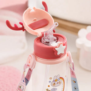 600ml Cute Cartoon Kids Water Bottle with Straw & Strap | Leakproof BPA-Free Sipper Bottle with Reindeer Antlers Cap for School & Travel