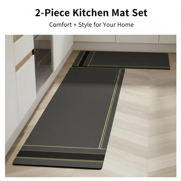 2-Piece Black & Gold Line Kitchen Mat Set | Luxury Non-Slip Waterproof Anti-Fatigue Runner Rugs for Kitchen & Office
