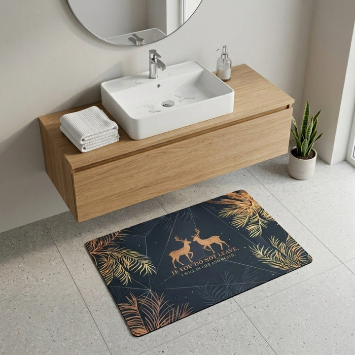 Mystic Deer Quote Bath Mat | Non Slip Bathroom Rug with Gold Leaf Boho Spa Decor