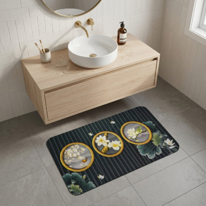 Luxury Floral Oval Anti-Slip Bath Mat | Soft Absorbent Quick Dry Bathroom Floor Rug | Modern Waterproof Door Mat