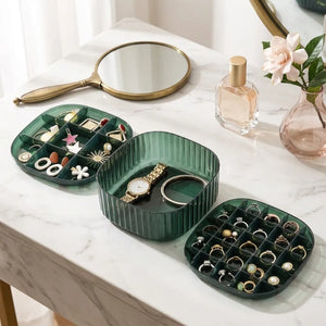 2-Layer Clear Acrylic Jewelry Organizer Box | Green Tray Storage for Earrings, Necklaces, Rings & Accessories | Dresser Organizer