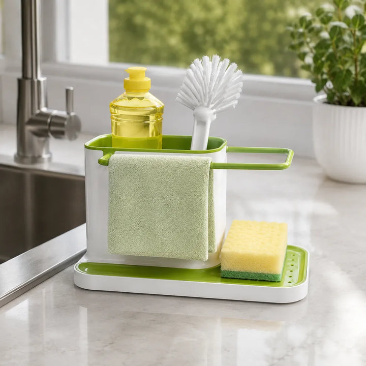 3-in-1 Kitchen Sink Organizer | Wall Mounted Dishwashing Caddy with Soap, Sponge & Cloth Holder | Plastic Sink Storage Stand