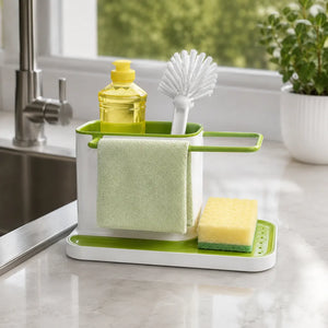 3-in-1 Kitchen Sink Organizer | Wall Mounted Dishwashing Caddy with Soap, Sponge & Cloth Holder | Plastic Sink Storage Stand