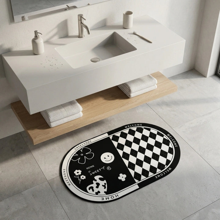 Black & White Anti-Slip Bathroom Mat | Modern Oval Bath Rug | Soft Absorbent Quick Dry Floor Carpet