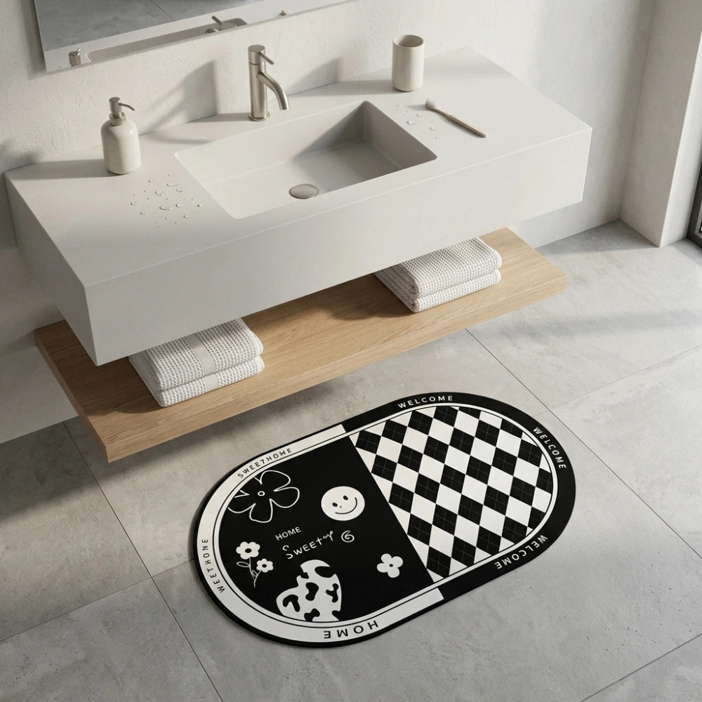 Black & White Anti-Slip Bathroom Mat | Modern Oval Bath Rug | Soft Absorbent Quick Dry Floor Carpet