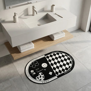 Black & White Anti-Slip Bathroom Mat | Modern Oval Bath Rug | Soft Absorbent Quick Dry Floor Carpet