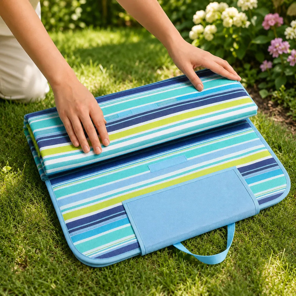 Foldable Beach & Picnic Mat 150×180cm | Waterproof Outdoor Blanket with Carry Handle | Blue Striped Camping & Travel Mat