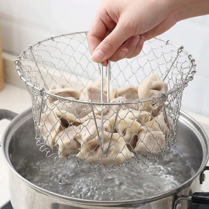 Foldable Stainless Steel Frying Basket | 2-in-1 Deep Fry, Steam & Strainer Basket | Multipurpose Mesh Cooking Basket with Handle